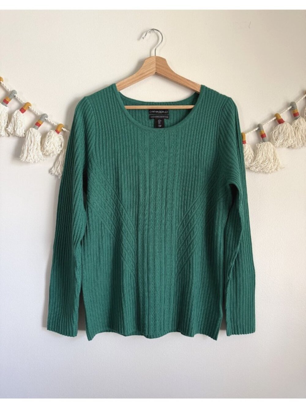 Cynthia Rowley 100% Extrafine Merino Wool Rib Knit Pullover Top Cottage Green L